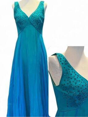 Teal Beaded V-Neck Evening Gown